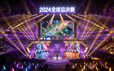 电竞赛事直播画面 - 《英雄联盟》世界总决赛舞台，绚丽灯光